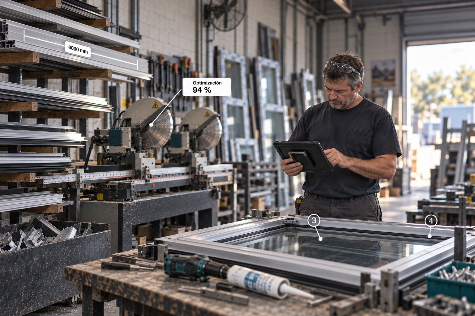 Taller de aberturas de aluminio con la hoja de corte de Avora: perfil de 6000 mm, optimización 94 % y piezas numeradas